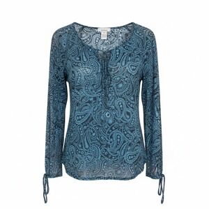 Sundance Women Top S Blue Paisley Tie Neck Paisley Boho Festival Hippie Sheer